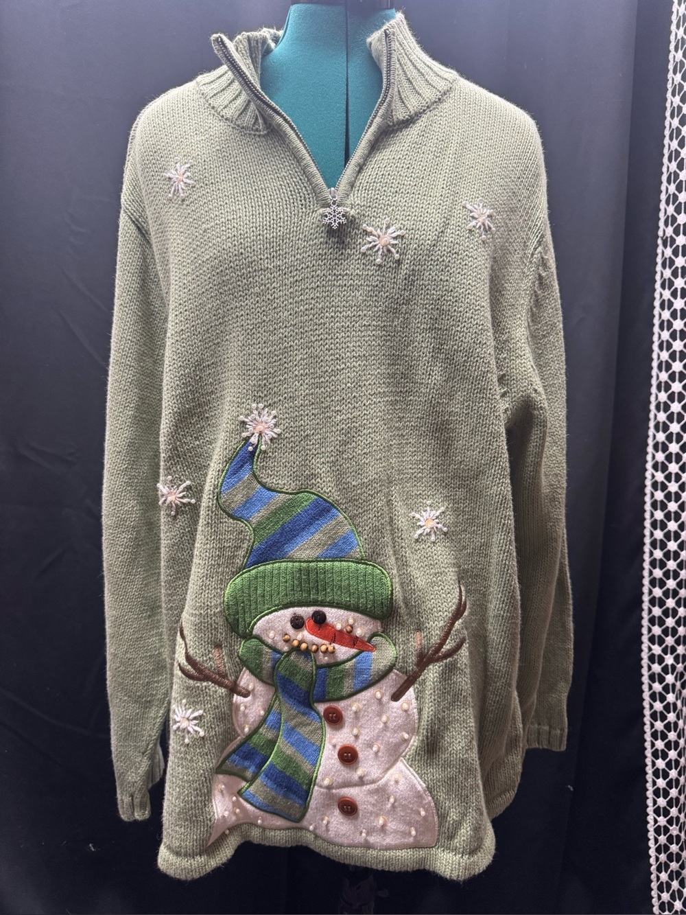 Olive Green V-Neck Knit Sweater with Decorative Snowflake Zip
